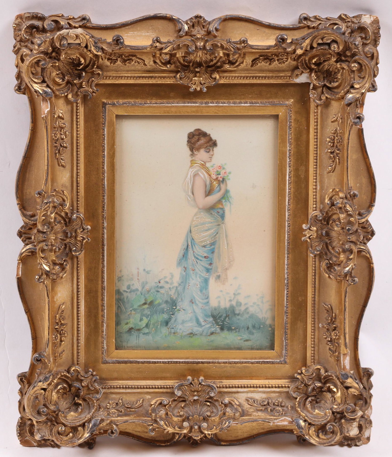After Pierre Thuillier, Watercolor: Depicting a young woman holding flowers, signed as pictured at the lower left corner. In a gilt gesso frame. Dimensions: Sight is 6 7/8" x 4 7/8", the frame 12 3/4" x 10 1/4". Provenance: From a PA es