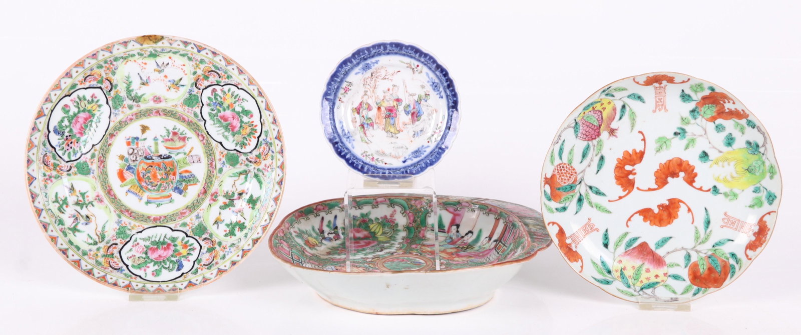 Four Pieces of Chinese Porcelain, Qing Dynasty: A rose medallion shrimp dish, a plate with bird and auspicious symbol decoration, a bat and shou symbol decorated plate and a small plate with a blue border and figural decoration. Dimensions: From 4 