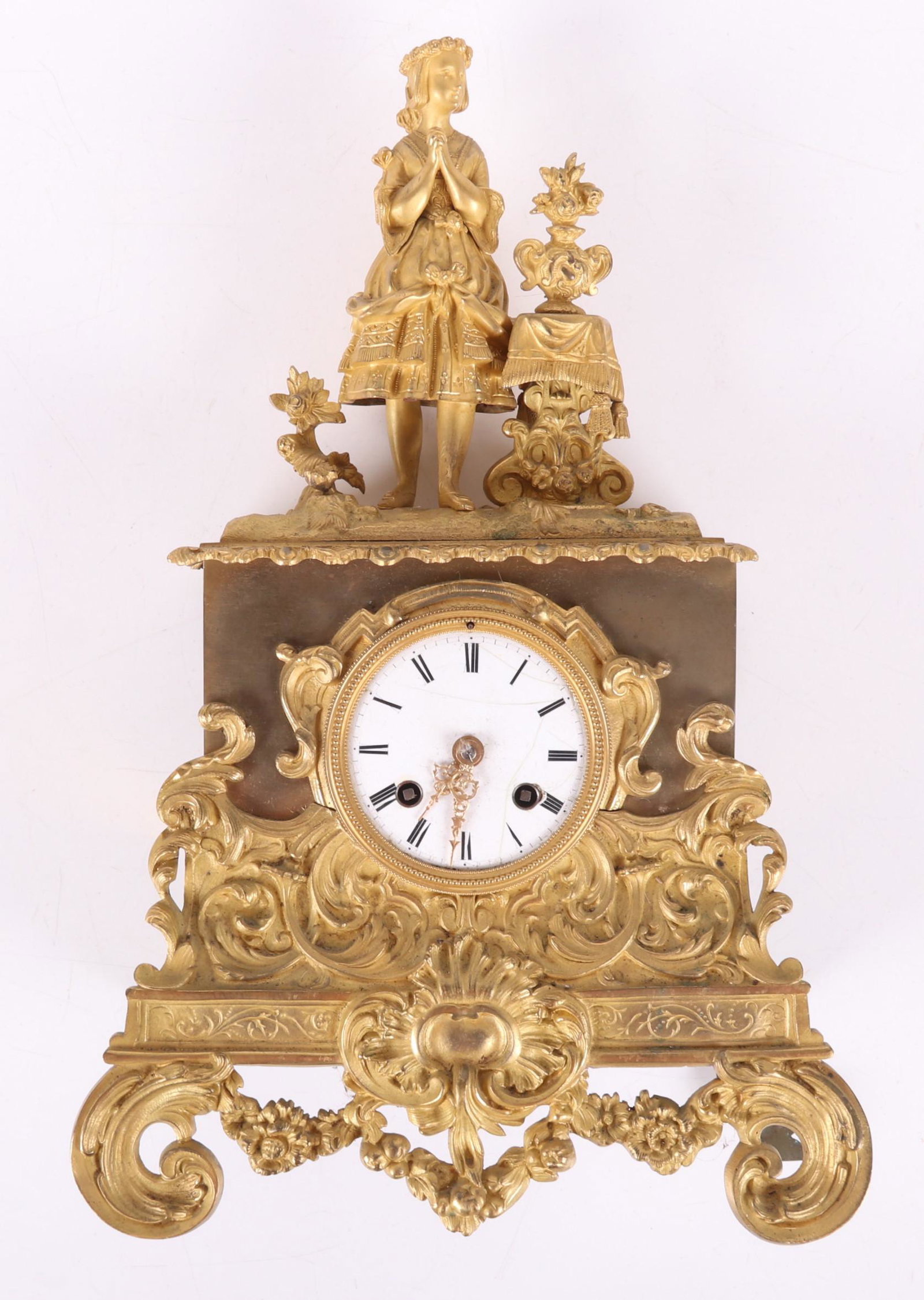 French Gilt Bronze Shelf Clock: 19th century, with a rococo style case and figural decoration depicting a standing young woman beside a small table with a vase of flowers. The dial is enameled, the movement is marked for Japy Freres