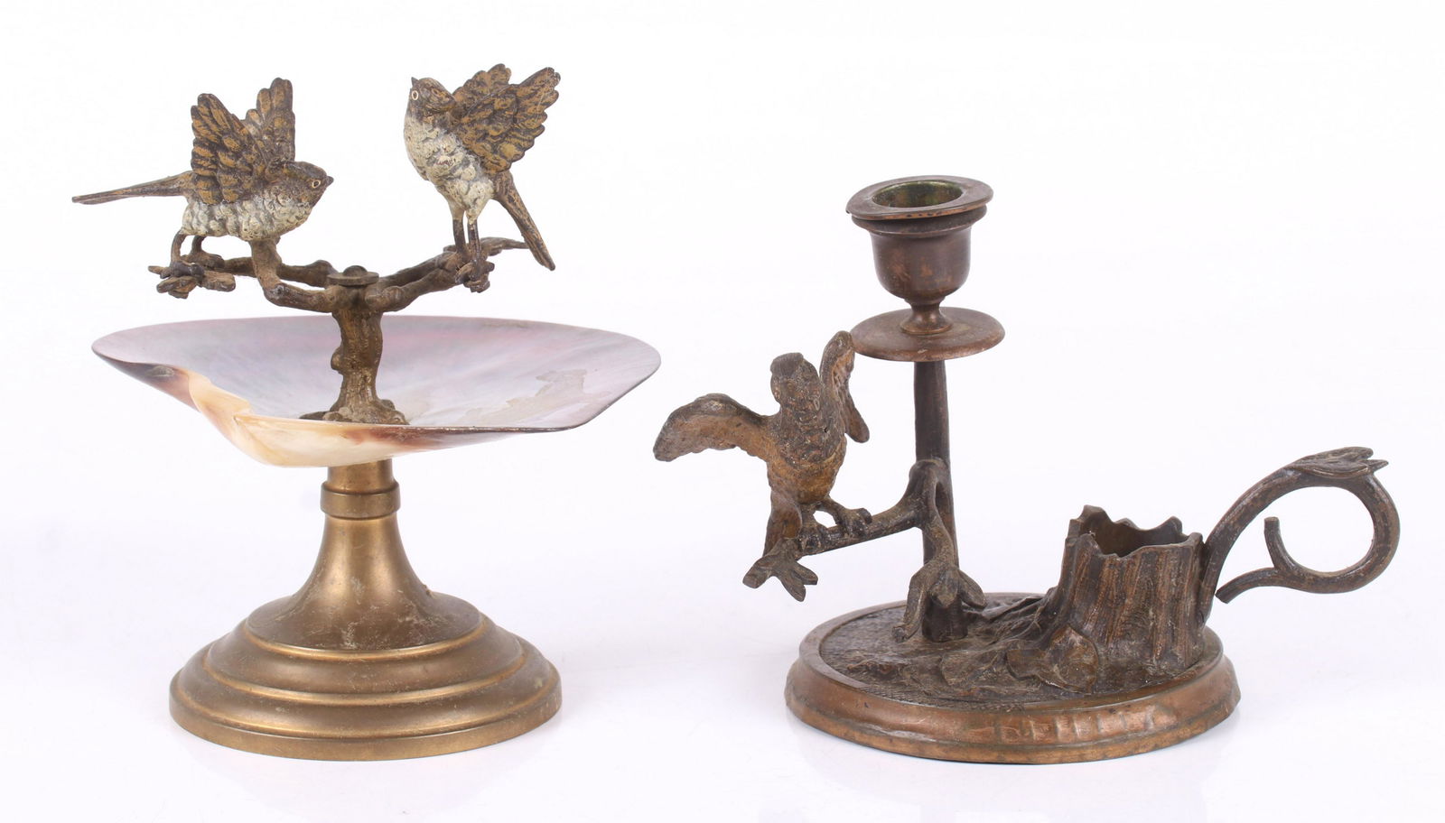 Two Vienna Cold Painted Bronze Objects: A chamberstick decorated with a single bird and tray with mounted abalone shell and decorated with two birds. Dimensions: The chamberstick is 8" x 5" and 5 1/2" tall, the tray is 5 1/2" x 6 1/4" and t