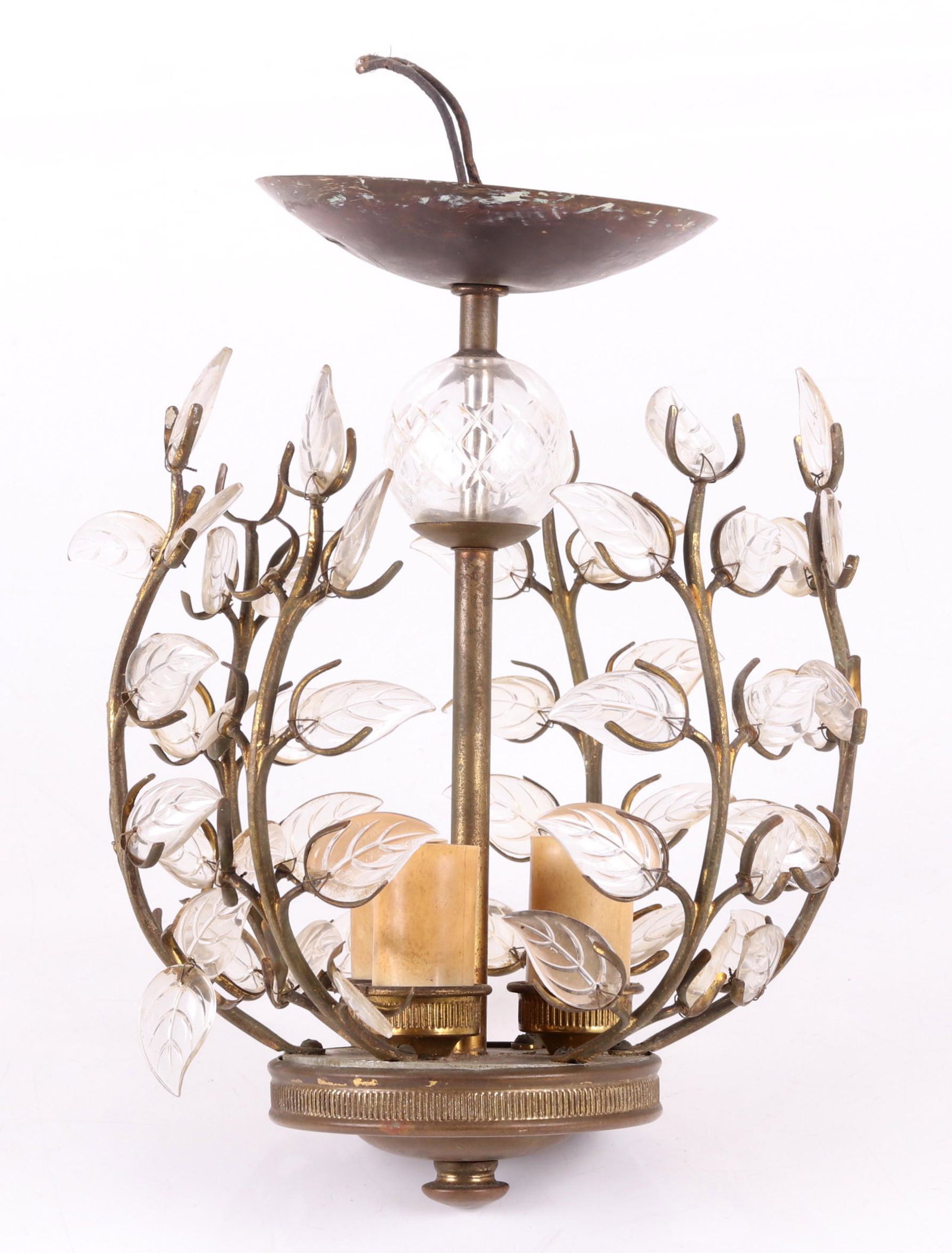 A Mid Century Metal and Glass Fixture: A three light example with glass leaves. Dimensions: 9" in diameter, 12" tall. Provenance: From a PA estate.