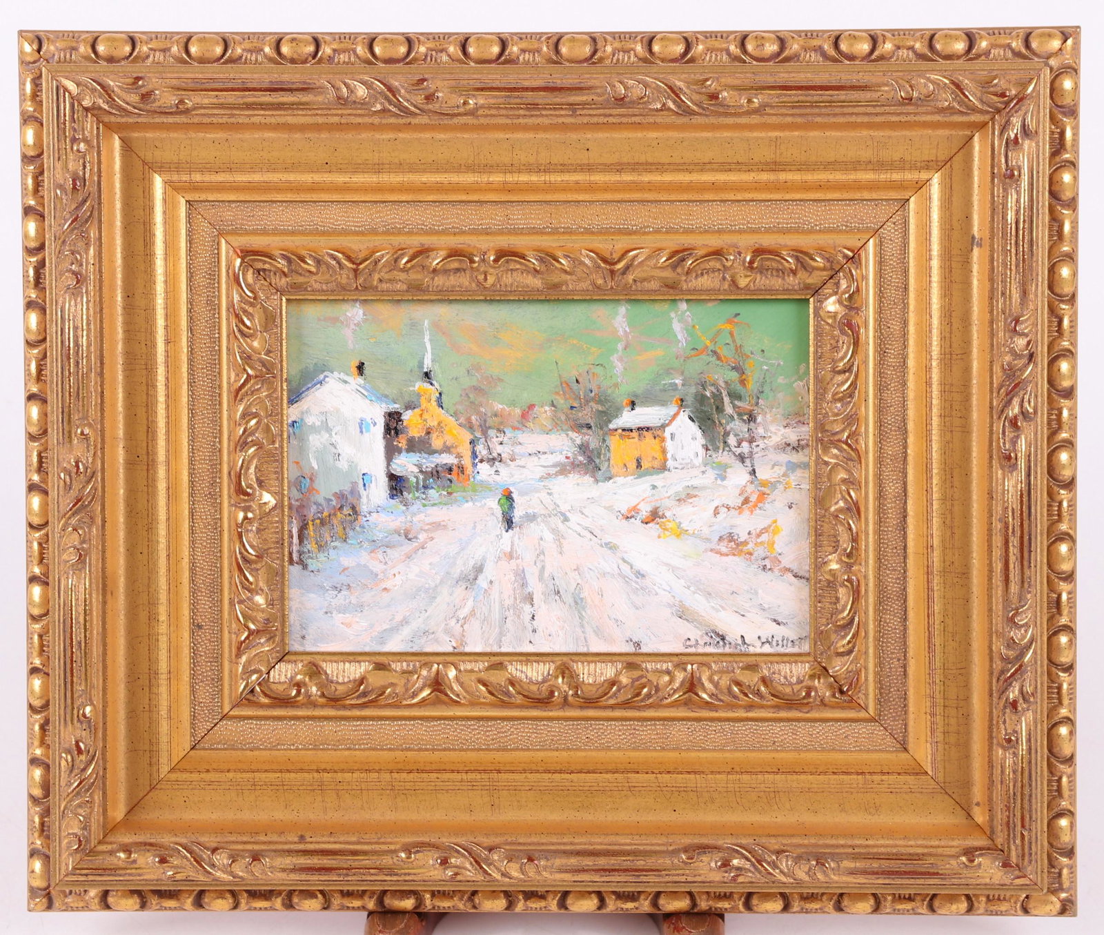 Christopher G. Willett (Born 1959) Oil on Board: Titled verso, "Passing through Delaware, Bucks County, PA". Signed at the lower right corner. Dimensions: 5" x 7", the frame 10 3/4" x 12 3/4".