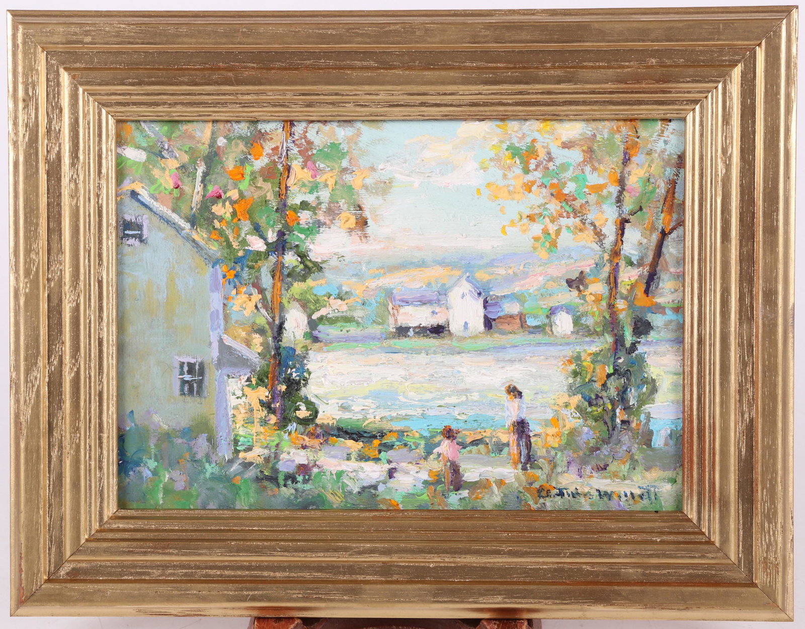 Christopher G. Willett (Born 1959) Oil on Board: Titled verso, "River Town, New Hope PA, Bucks County". Signed at the lower right corner. Dimensions: 5" x 7", the frame 7" x 9".