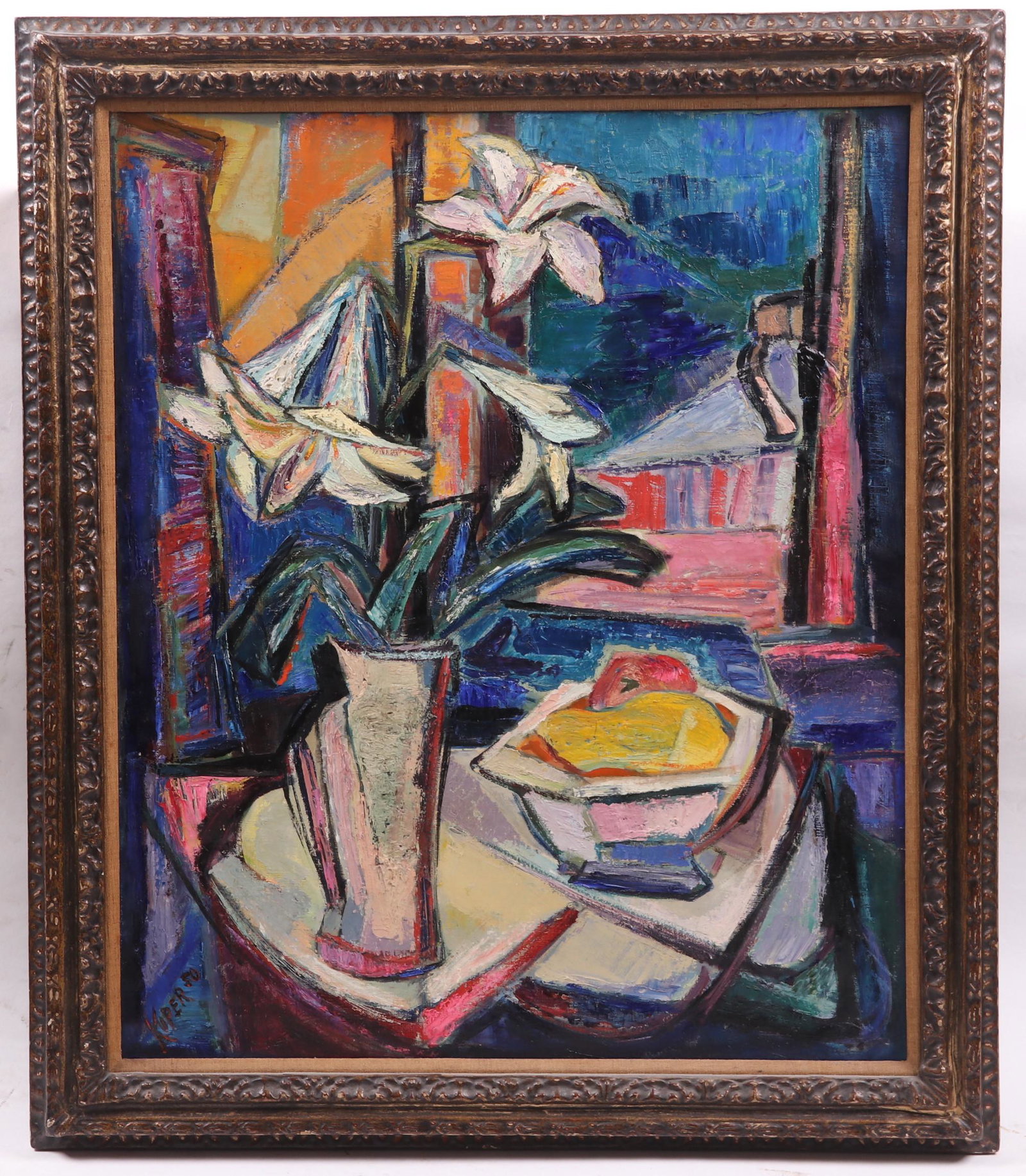 Rose Kuper (1888 - 1987) Oil on Canvas: Titled "Easter Lilies" verso. Signed at the lower left and dated for 1950. Fine Arts Gallery of San Diego tag is affixed to the canvas verso. Dimensions: 30" x 25", the frame 35 1/2" x 30 1/2". Proven