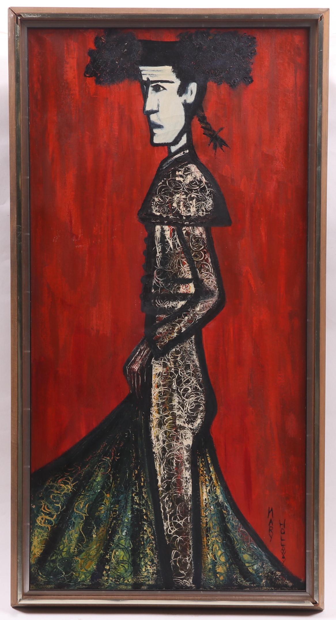 Oil on Canvas, After Bernard Buffet: A mid century work after Buffet's "Toreador" of 1958. Signed "Mary Holloway" at the lower right. Dimensions: 32" x 16", the frame 33 1/2" x 17 1/2".