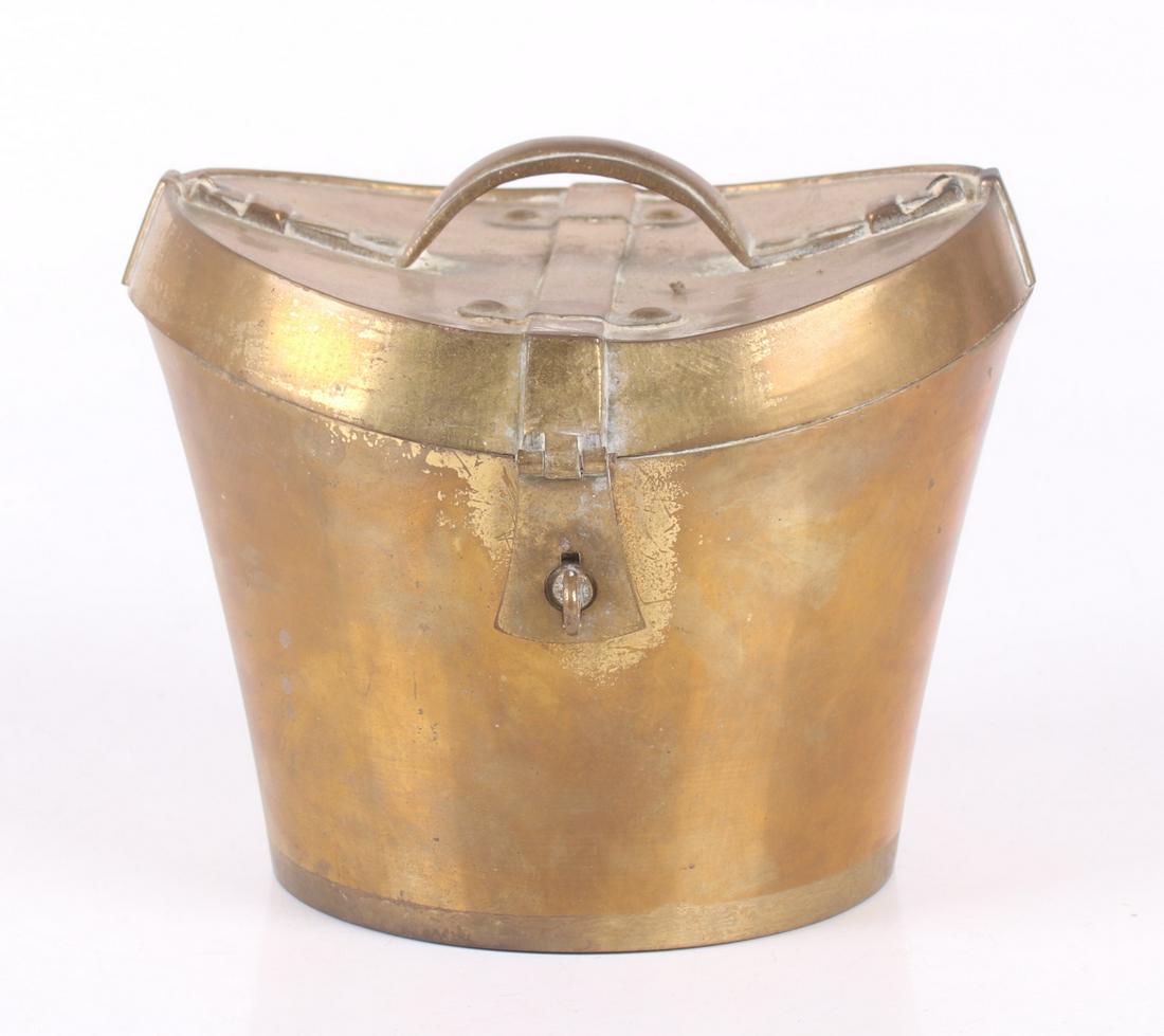 A Brass Box, Hat Box Form: A 20th century box in the form of a hat box, unmarked. Dimensions: 7" x 7", 5 1/2" tall. Provenance: From a Philadelphia collection.