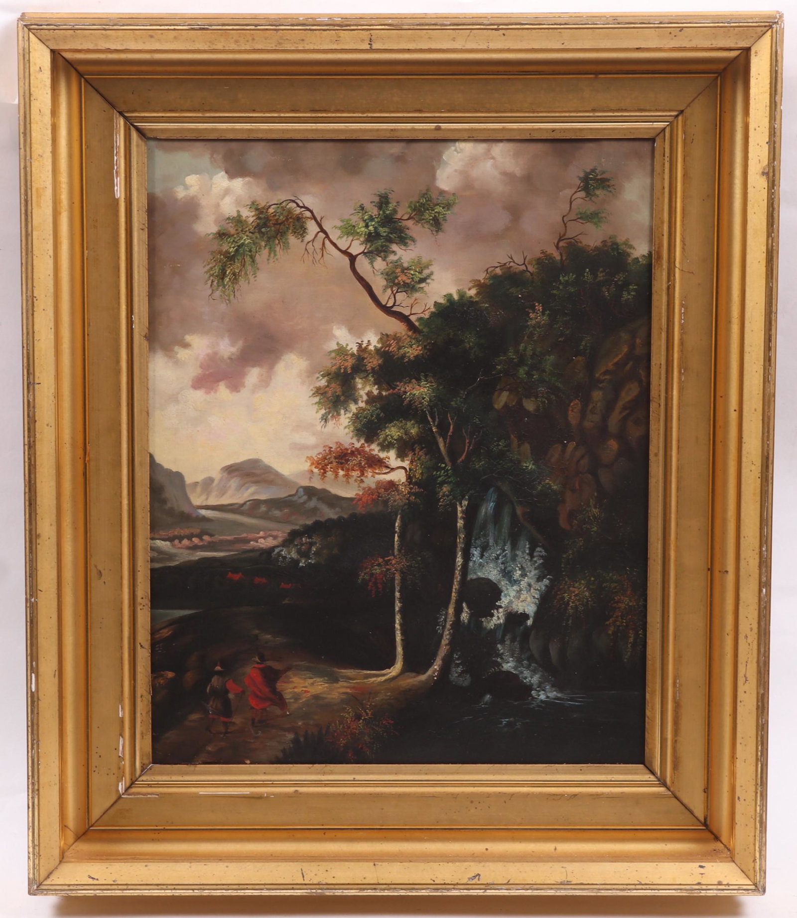 Continental School , 19th c. Oil on Canvas: A landscape with figures, unsigned, folk art. In a good deep gilt frame. Dimensions: 21" x 17", the frame 28" x 24".