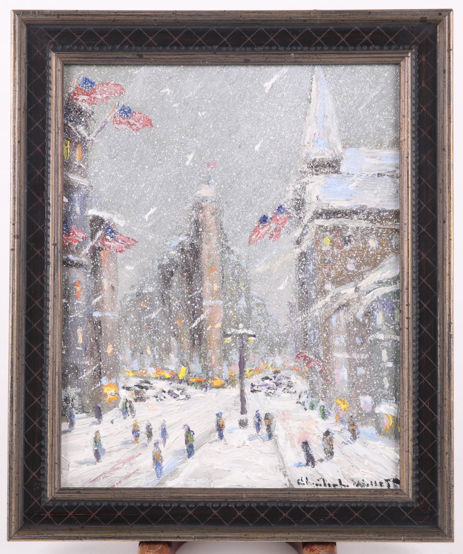 Christopher G. Willett (Born 1959) Oil on Board: "December in Manhattan, NYC", signed at the lower right. Dimensions: 8" x 10", the frame 12" x 10".