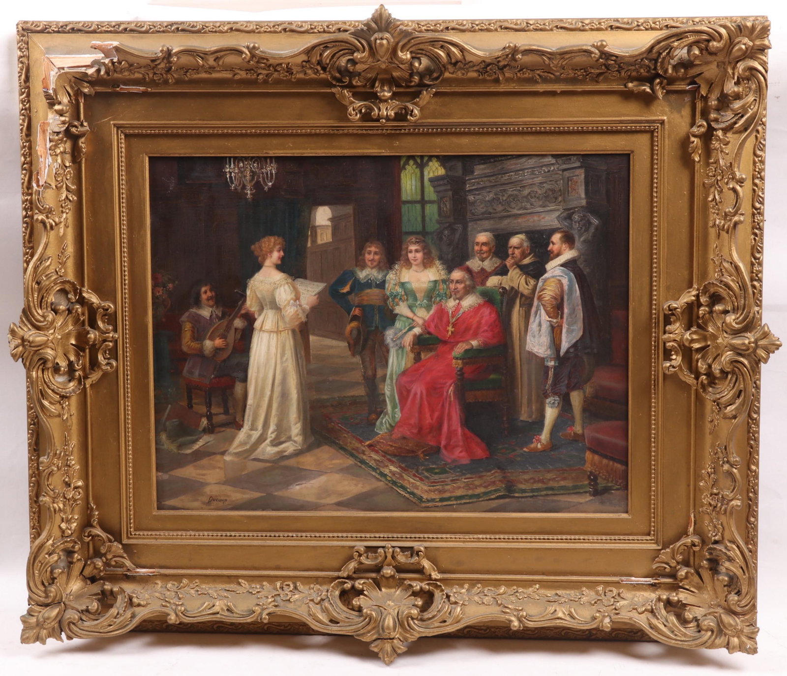 Continental School, 19th Century, Oil on Canvas: An interior scene depicting a cardinal with attendants and musicians, signed, "Ducomp" at the lower right corner. Dimensions: 18" x 23", the frame 29" x 35". Provenance: From a Philadelphia collection
