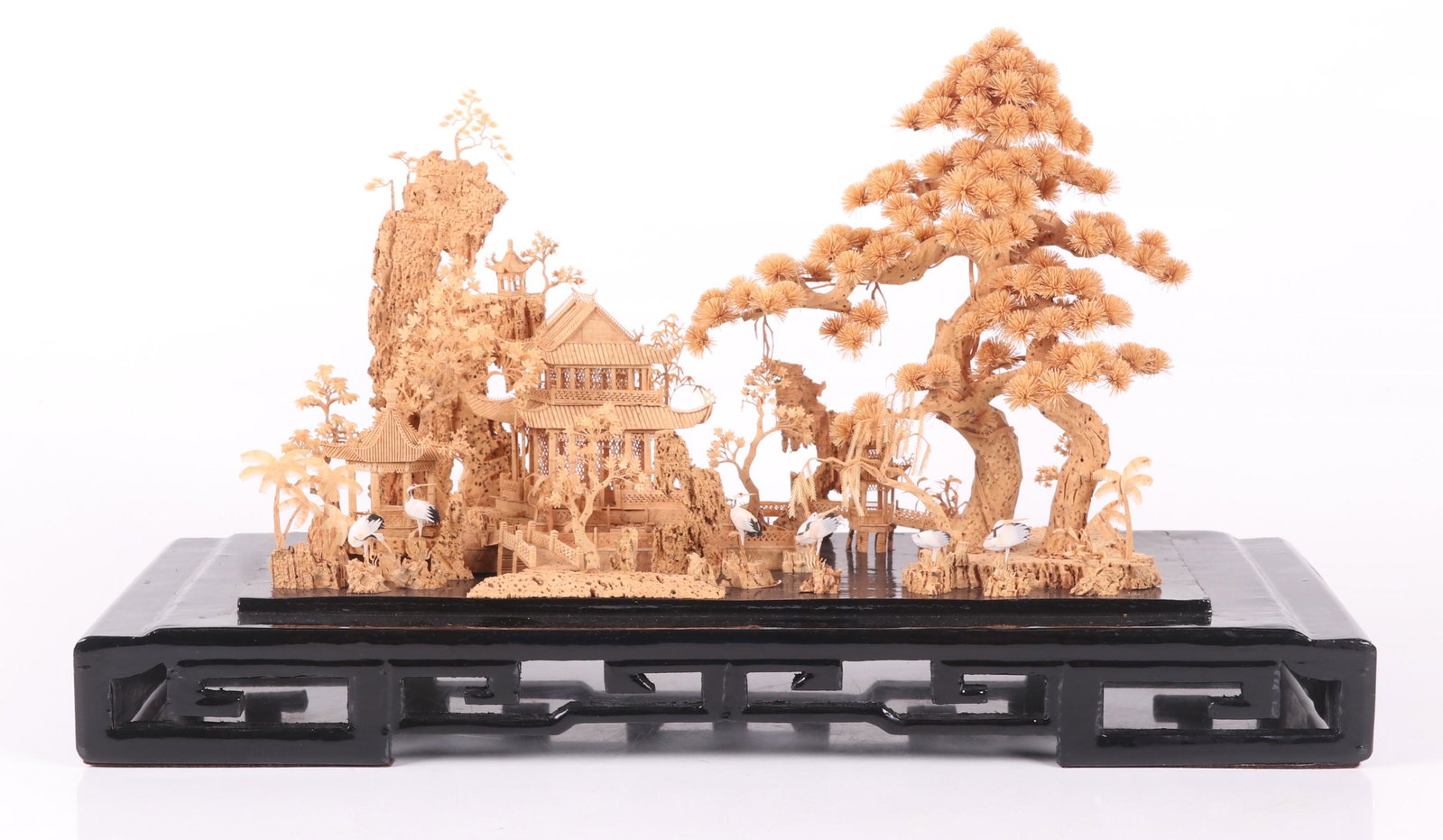 A Chinese Cork Landscape: A scene with pavilions, trees and herons, 20th century. Dimensions: 21 1/2" x 9" x 13 1/2". Provenance: From a local collection.