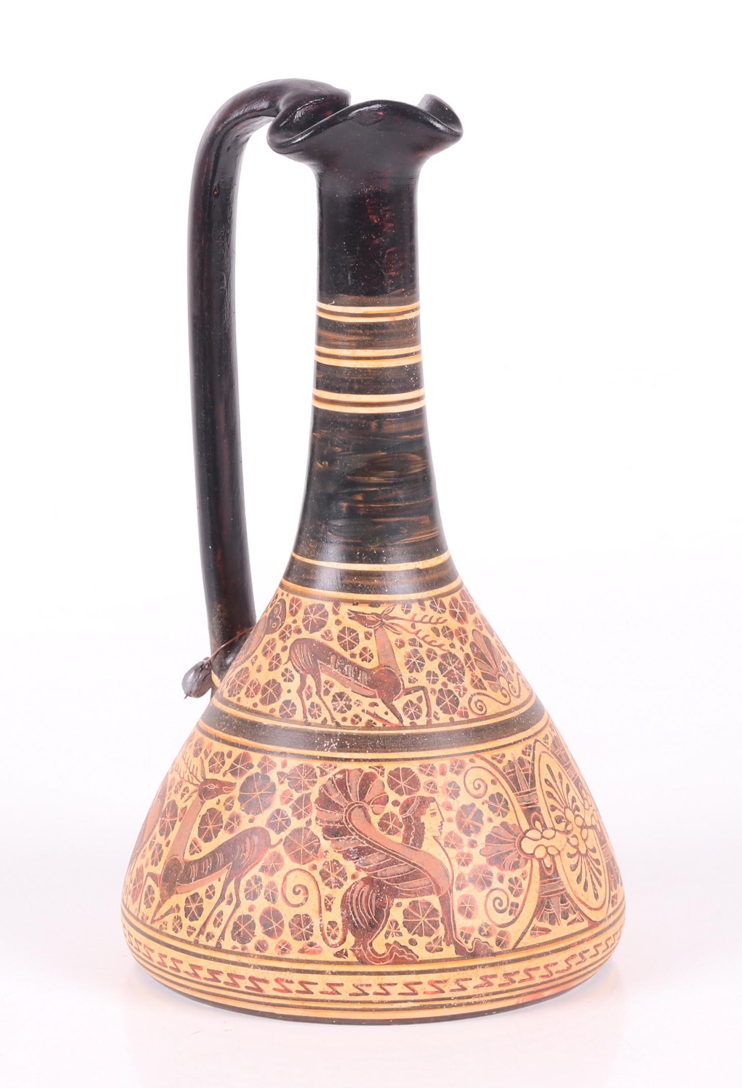 A Fine Greek Replica Pottery Ewer: 20th century, a copy of a Corinthian period piece, signed for the maker G. Lioulias, numbered 624. Dimensions: 6" in diameter, 10 1/4" tall. Provenance: From a local collection.