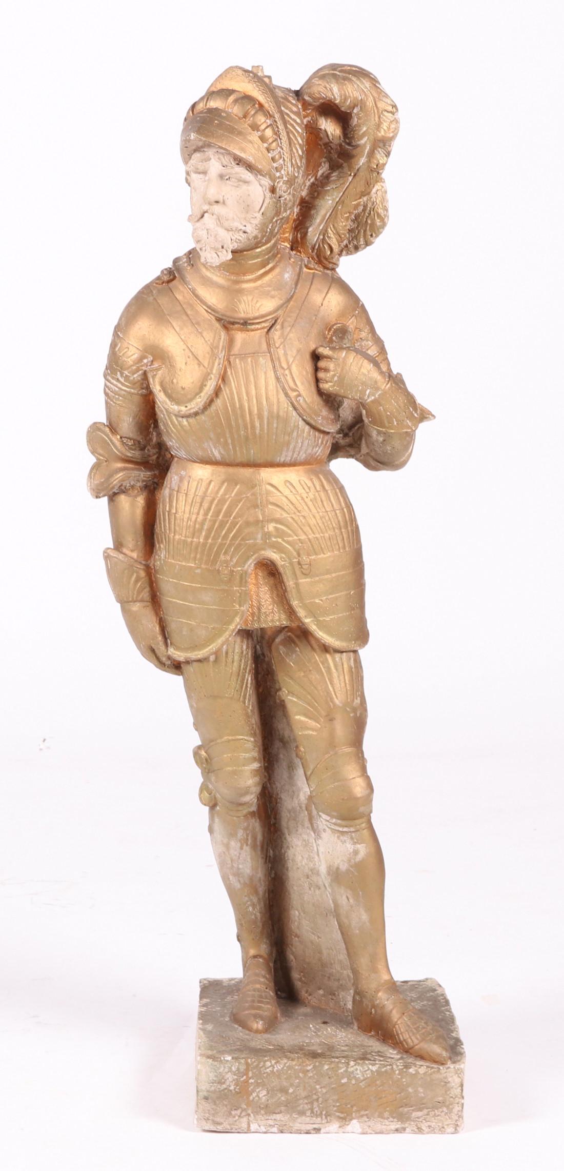 A Cast Stone Conquistador: 20th century, a large painted example. Unmarked Dimensions: 14" x 10". Height is 41". Provenance: From a local estate.