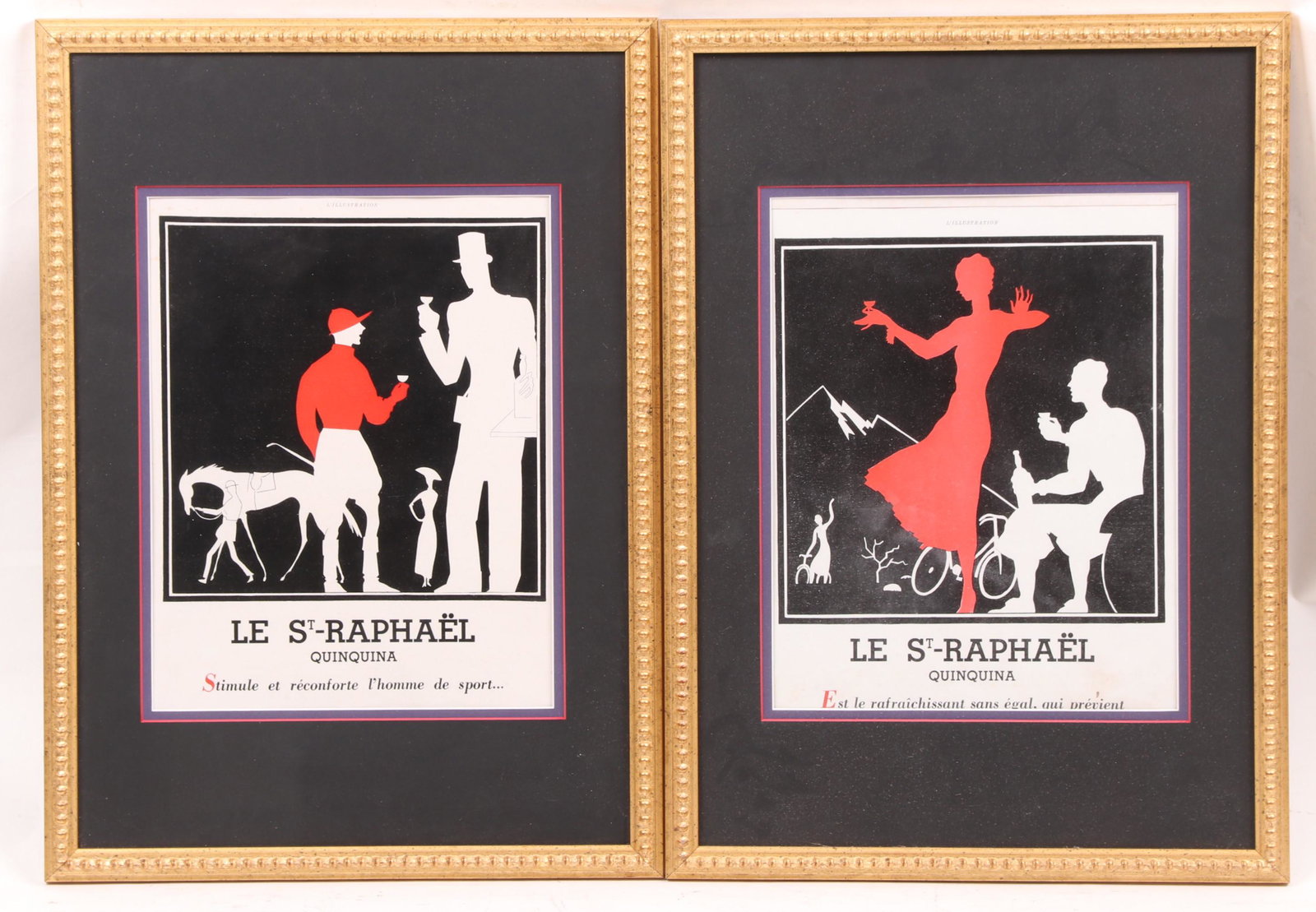 Two Silkscreen Prints, St Raphael Aperitif Wine: 20th century, each in identical frame and depicting figures in silhouette. Dimensions: Sight for each is 12 1/2"x 9 3/4", the frames 21" x 15".