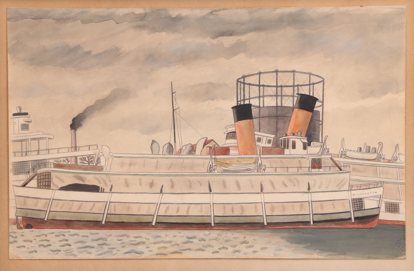 An American Folk Art Watercolor: Late 19th or early 20th century. Depicting a steamship "Wilmington". Dimensions: 13 1/2" x 21 1/2". The frame is 20" x 28". Provenance: From a New Hope PA collection.