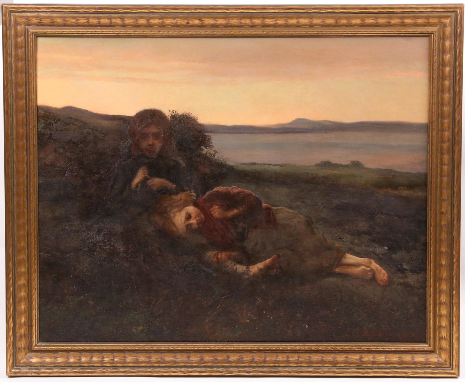 Leis Schjelderup (Norway, 1856 - 1933) O/C: A large work depicting two young girls in a landscape at dusk, signed and dated for 1882 at the lower right corner . Dimensions: 29" x 36 1/2", the frame 34" x 41". Provenance: From a local collection