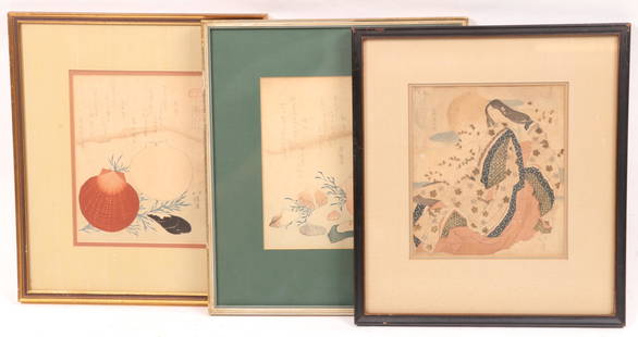 Totoya Hokkei, Three Japanese Woodblock Prints: Two examples that depict shells and a third that depicts a woman dressed in robes. Dimensions: Sight for each is about 8" x 7", the frames are all 14" x 12 1/2".