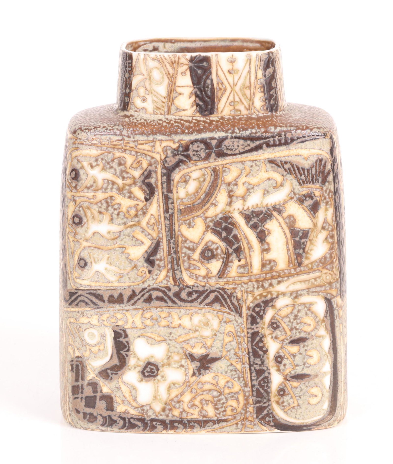 Royal Copenhagen Denmark Fajance Vase: Mid 20th century, with fish decoration, marked as pictured. Dimensions: 5 1/2" x 2 1/2",a the height is 7 3/4".