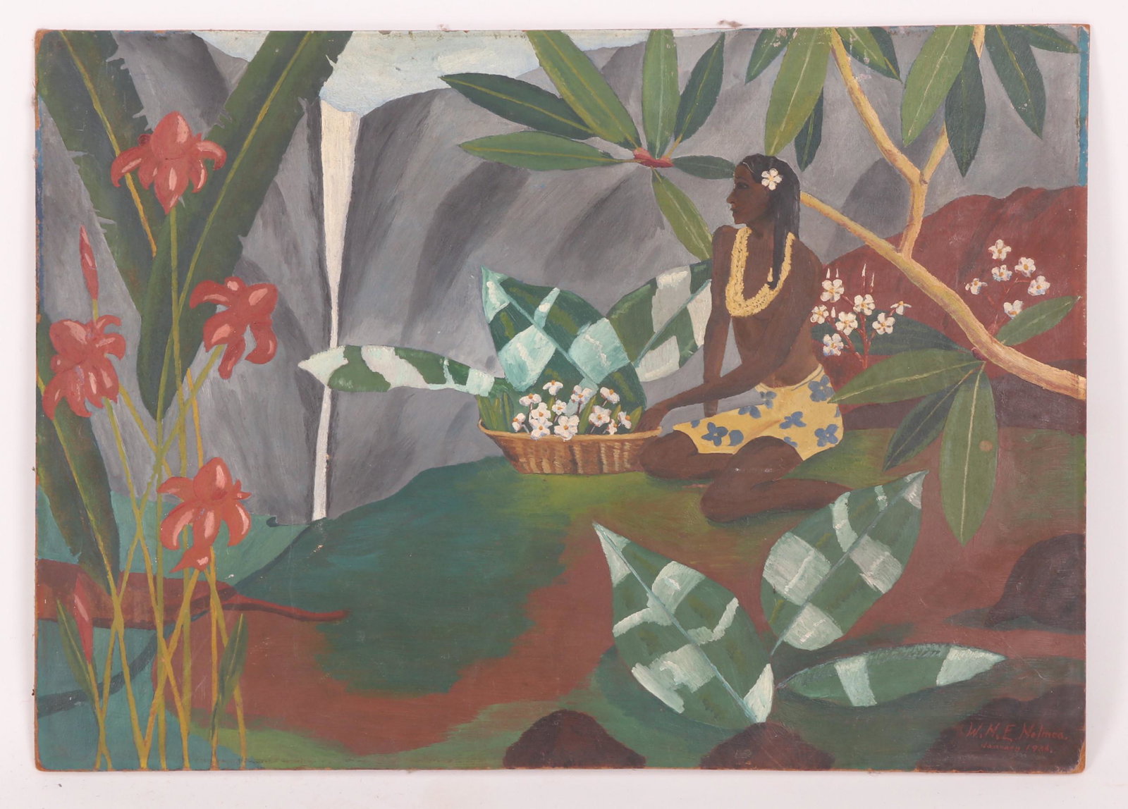 Oil on Board, Dated 1936: A Hawaiian scene with single figure, apparently signed "W.H.E. Holmes" and dated at the lower right corner. Dimensions: 15" x 21 1/2".