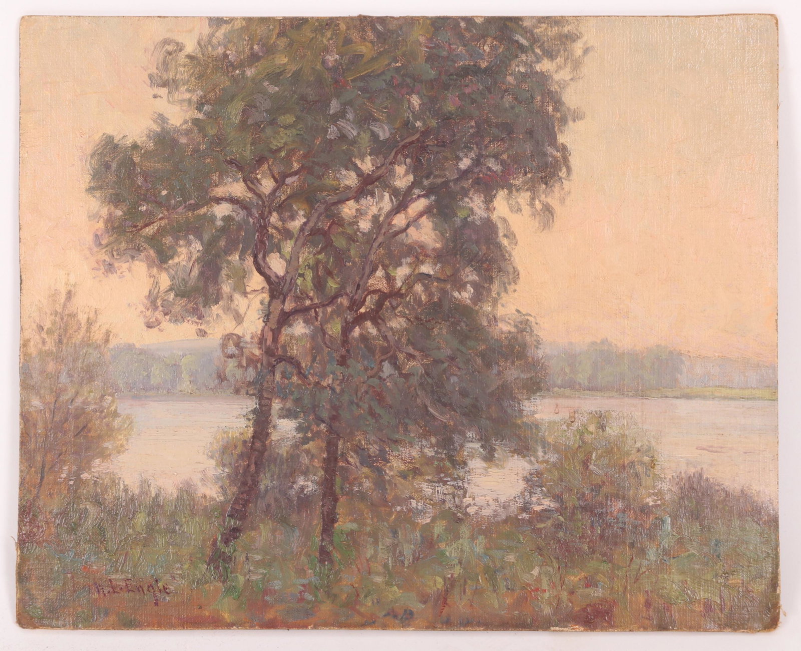 Harry Leon Engle (1870 - 1968) Oil on Board: A landscape with a body of water, signed at the lower left corner. Dimensions: 17 1/2" x 21 1/2".