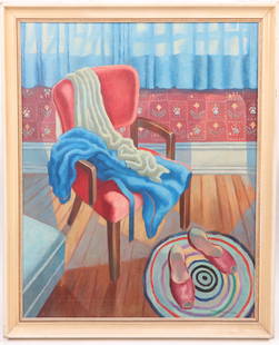 Harry Brodsky (1908-1997) Oil on Canvas: An interior with chair and slippers, signed and dated for 1944 at the lower right corner. Dimensions: 30" x 24", the frame 34" x 27". Provenance: From a local collection.