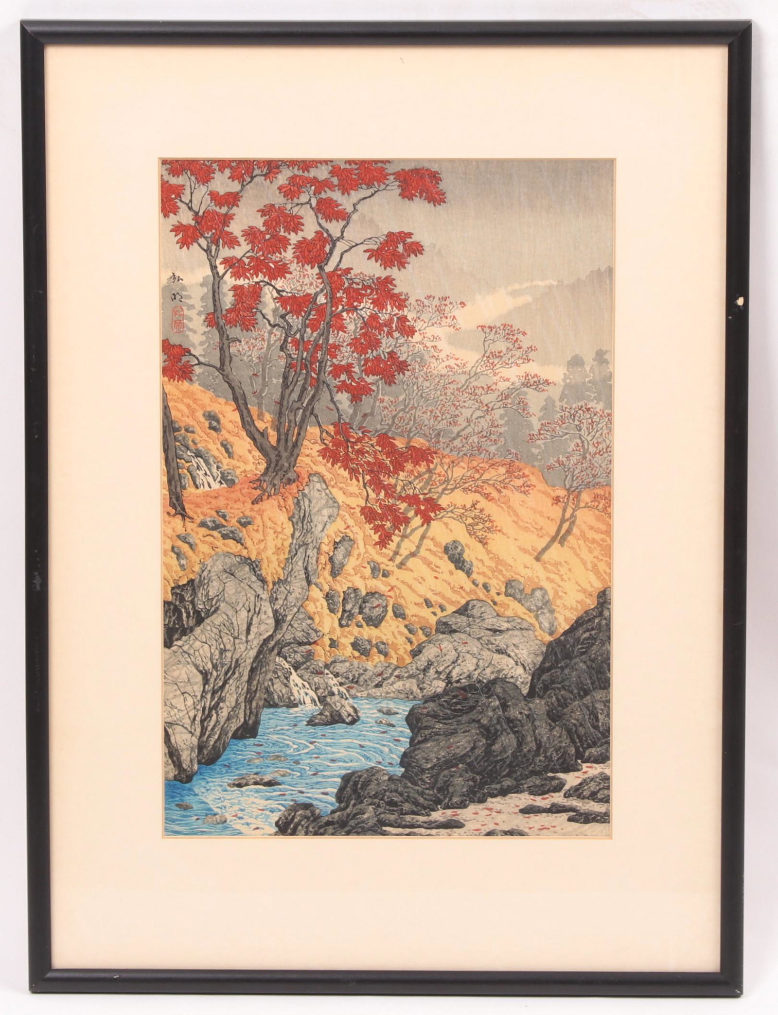 Shotei Takahashi, Woodblock: "Nembutsu Pool, Nikko in Autumn", signed as pictured. Dimensions: Sight is 14 1/4" x 9 1/4", the frame 20 1/2" x 15". Provenance: From a Pennsylvania estate.