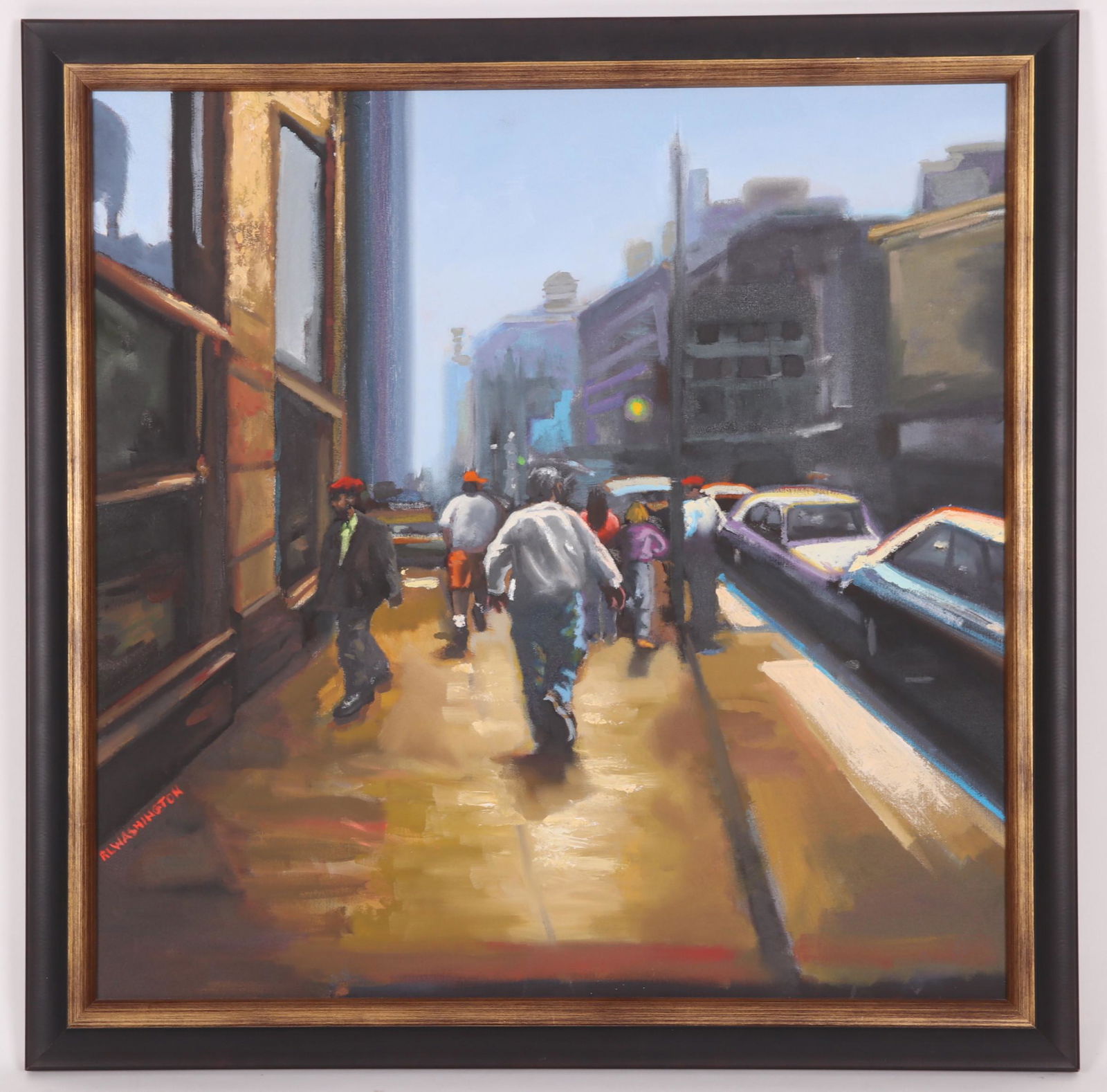 R.L. Washington (American) Oil on Canvas: "Broad is the way", a street scene with figures, signed at the lower left. With Sande Webster Gallery tag verso. Dimensions: 30" x 30", the frame 34 1/2" x 34 1/2". Provenance: From a Main Line collec