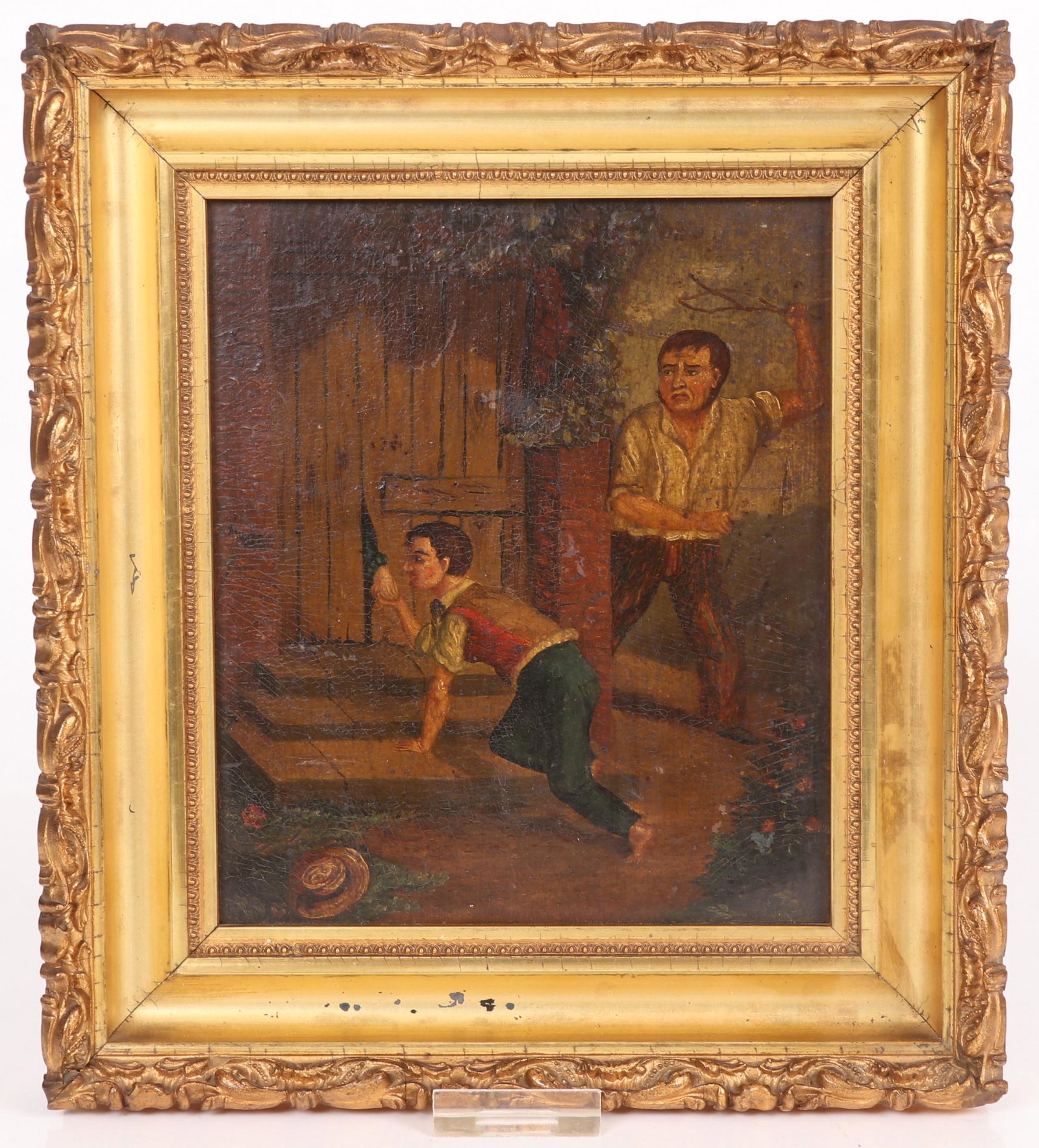 19th Century Folk Art Genre Scene Painting: Depicting a boy who has been spotted by the father of a young lady he is visiting. Signed en verso "Chauncey...?" Dimensions: 10.25" H x 9.25" W framed, 7" H x 6" W painting. Provenance: From a Philad