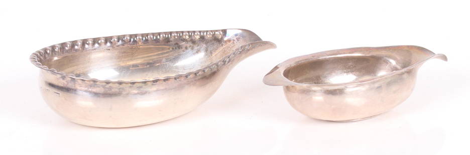 Silver Pap Boats, Hester Bateman & Elizabeth Morley: The Bateman example with a punch decorated top edge, hallmarked for London and the year 1781, the Morley example also with the London mark but no year mark. Dimensions: The Morley is 4" x 2 1/4" x 1",