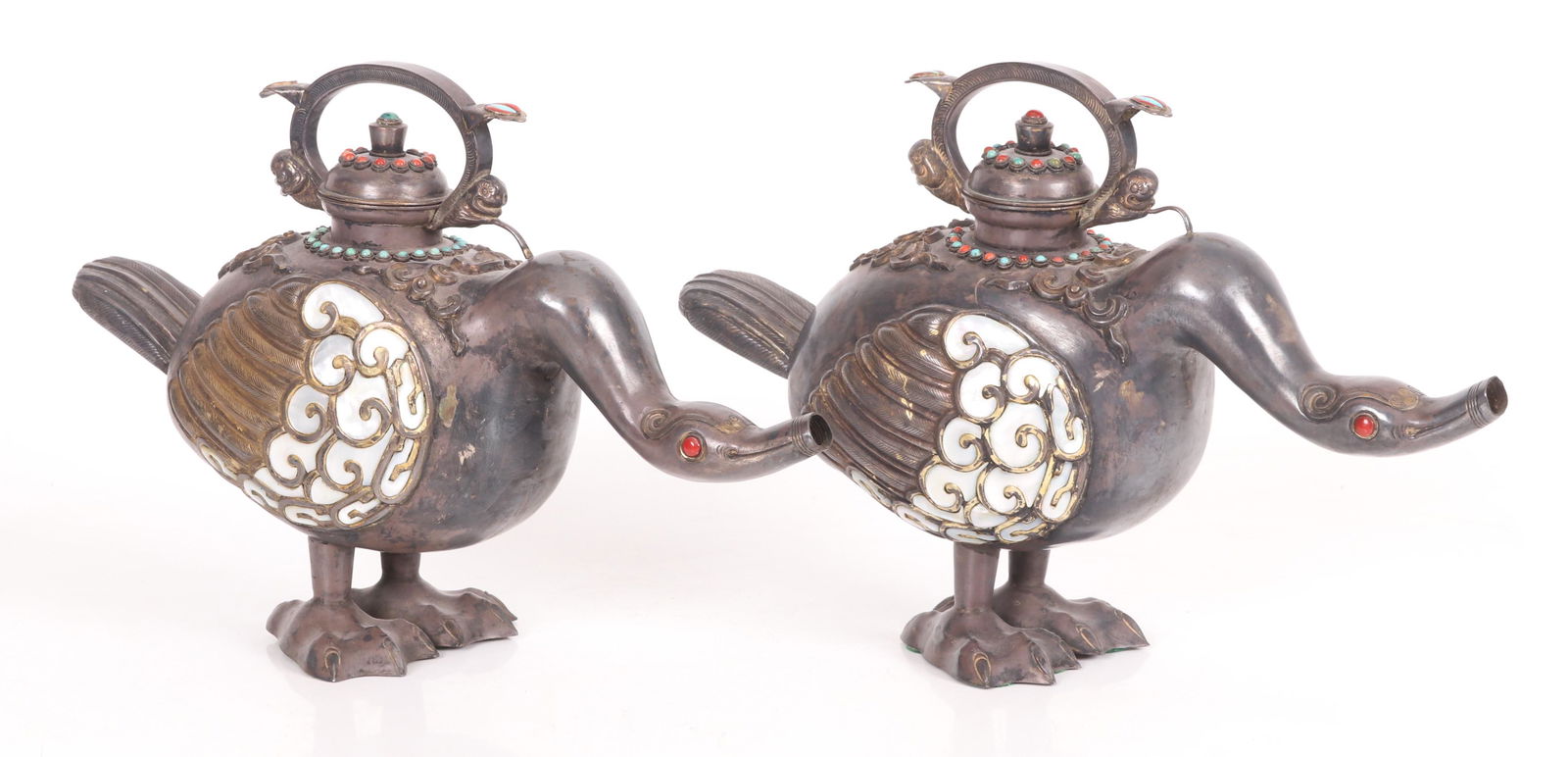 Two Tibetan Inlaid Silver Goose Form Teapots (1 of 8)