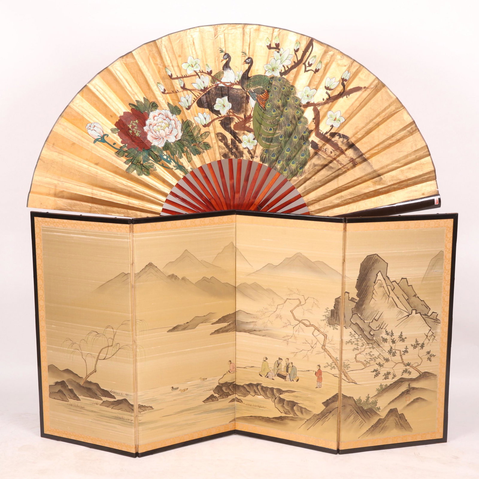 A Chinese Hand Painted Byobu and Fan: Mid 20th Century, the screen probably Japanese. Dimensions: The fan measures 35" H. Each panel of the screen measures approximately 36" H x 17.5" W. Provenance: From a New Jersey collection.