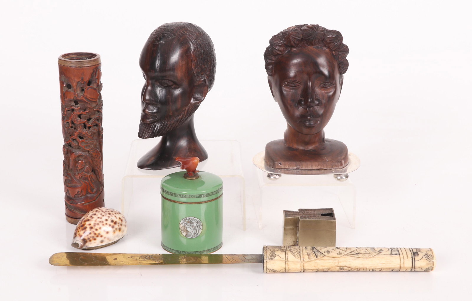 Estate Lot of Asian And African Objects, Snuff Box: To include a 19th century brass mounted shell snuff box, a Japanese carved bone page turner, a Chinese carved bamboo brush pot, a Japanese cloisonne box with agate bird finial, a Chinese white metal i