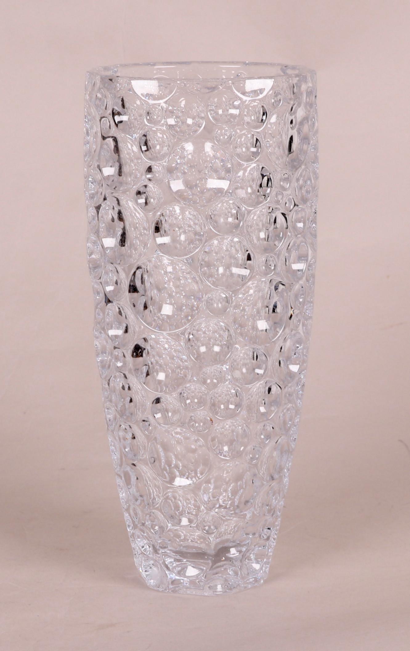 A Large Scandinavian Art Glass Vase: A heavy glass example with circular decoration overall, unsigned. Dimensions: 6" in diameter, the height is 14".