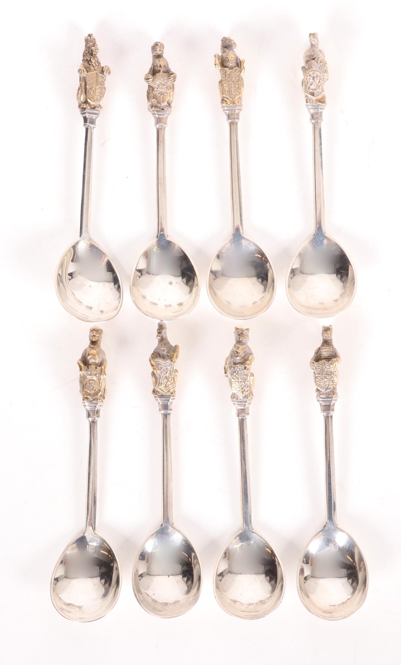 Richard Comyns, English Silver Queen's Beast Spoons: Seven "Queen's Beast" silver spoons by Richard Comyns, Elizabeth II period. Dimensions: 4.75" L Total weight is approximately 7.71 ozt. Provenance: From a Philadelphia estate.