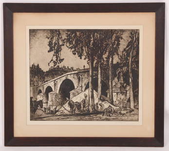 Sir Frank Brangwyn (British, 1867–1956), Paris: Signed bottom right, titled "Pont Marie, Paris." Dimensions: 31" H x 34.75" W framed, 22" H x 25.5" W mat opening. Provenance: From a local collection.