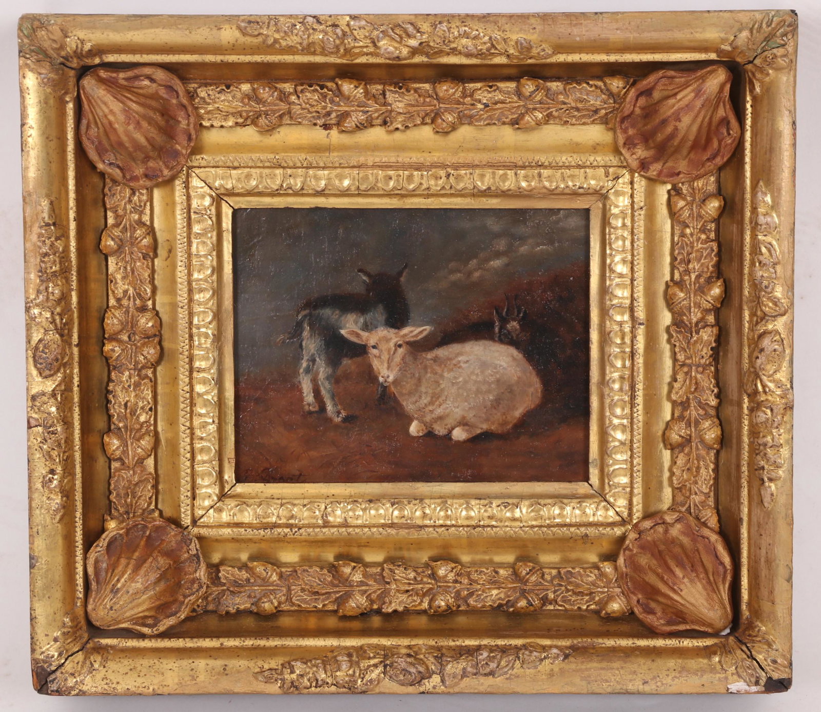 19th Century Continental School, Farm Animals: Oil on board, signed B. Groot. Depicting a sheep and two goats. Dimensions: 12" H x 13.5" W framed, 5" H x 6.5" W board. Provenance: From a Main Line collection.