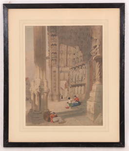 Thomas Shotter Boys (British, 1803–1874) Chartres: A hand colored lithograph on paper titled "S. Porch Of Chartres Cathedral," signed in the plate lower right "J. Boys 1839." Dimensions: 20.5" H x 17.25" W framed, 14" H x 11" W mat opening. Provenance