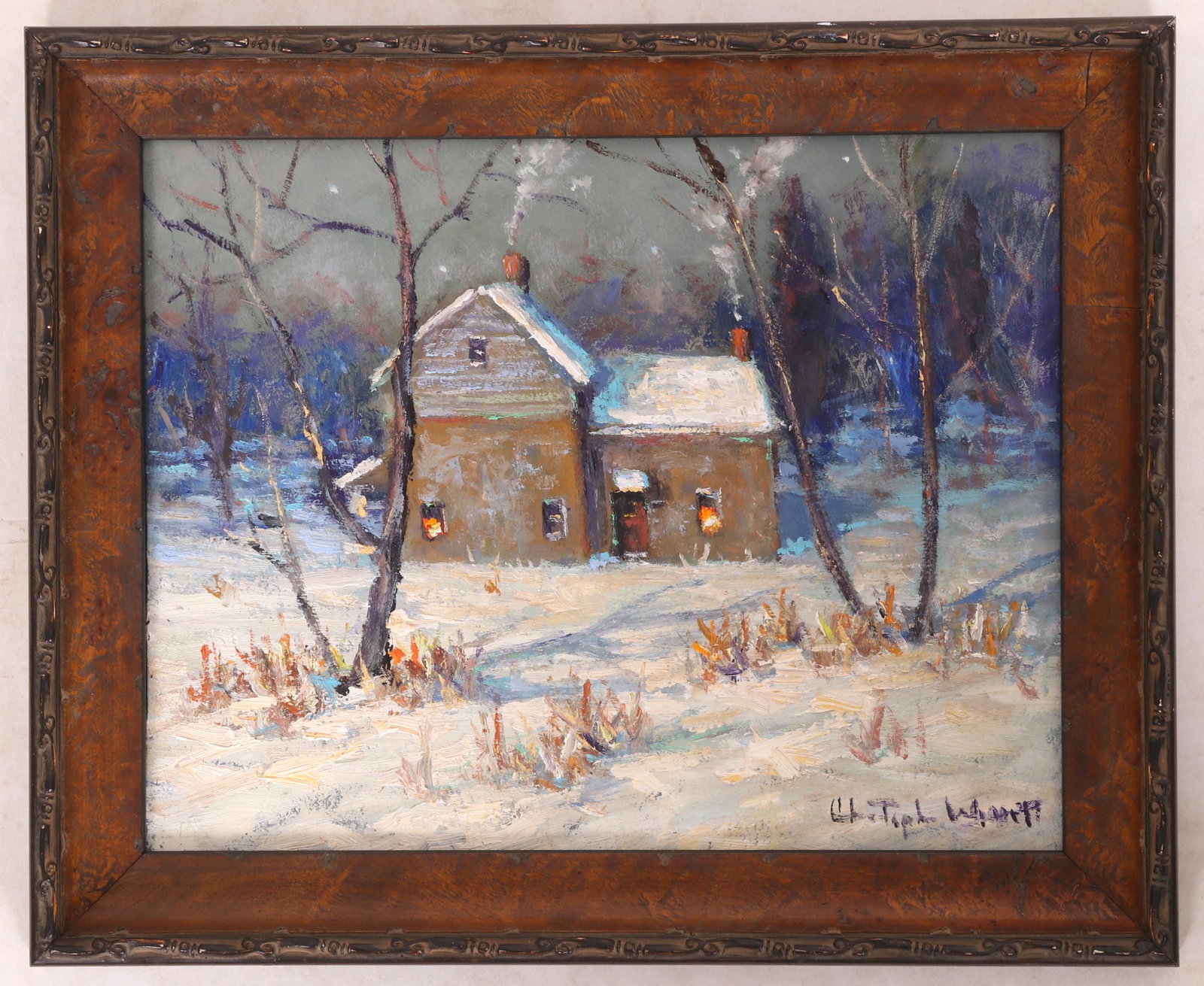 Christopher G. Willett (Born 1959) Oil on Board: Titled verso, "Early Snow, Plumbstead, Bucks County, PA". Signed at the lower right corner. Dimensions: 8" x 10", the frame 10" x 12".