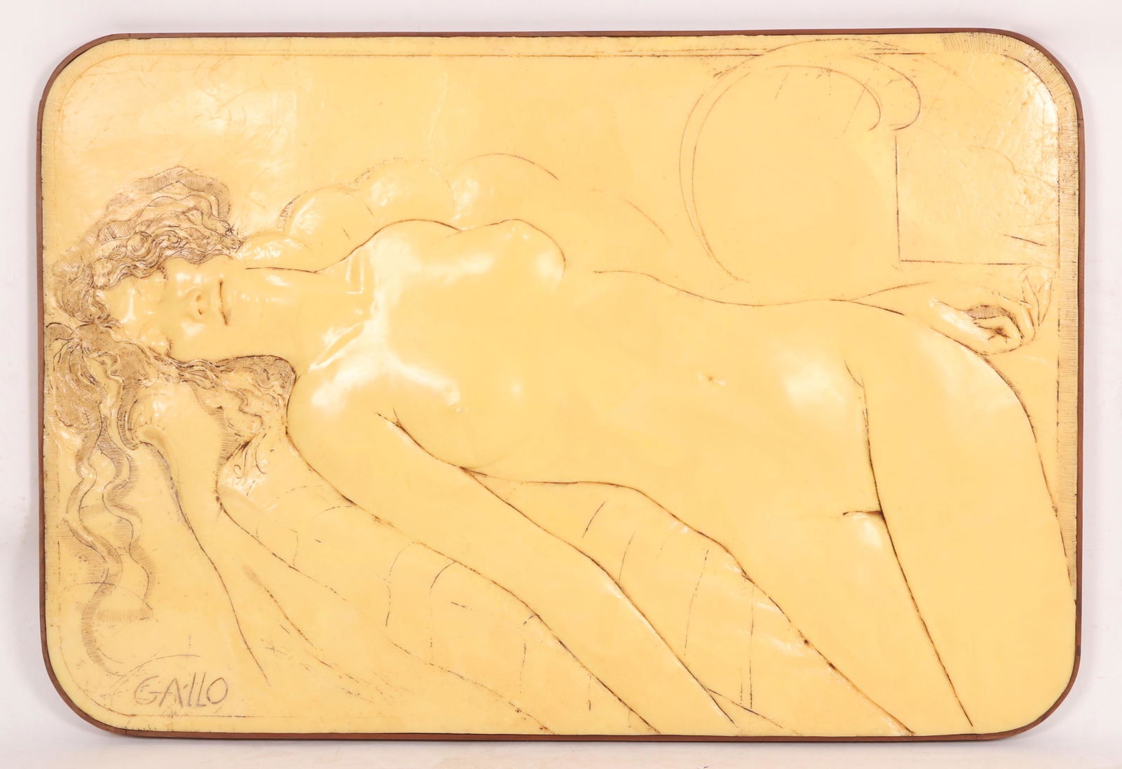 Frank Gallo (American, b. 1933), The Faint: A large cast resin bas relief sculpture of a reclining nude, with cast signature lower left. Dimensions: 33" H x 48" W x 2.5" D Provenance: From a Main Line Collection.