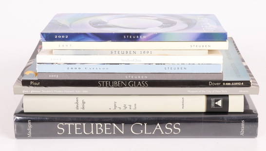 A Group of Reference Books, Steuben Glass: Comprising: "Glass and Glamour", 2003, "Steuben Glass", by James S. Plaut, third edition 1972, catalogs from 2000. 2003, 1991, 2002, and 1997, "Steuben Design, a legacy of light and form", by M.J.