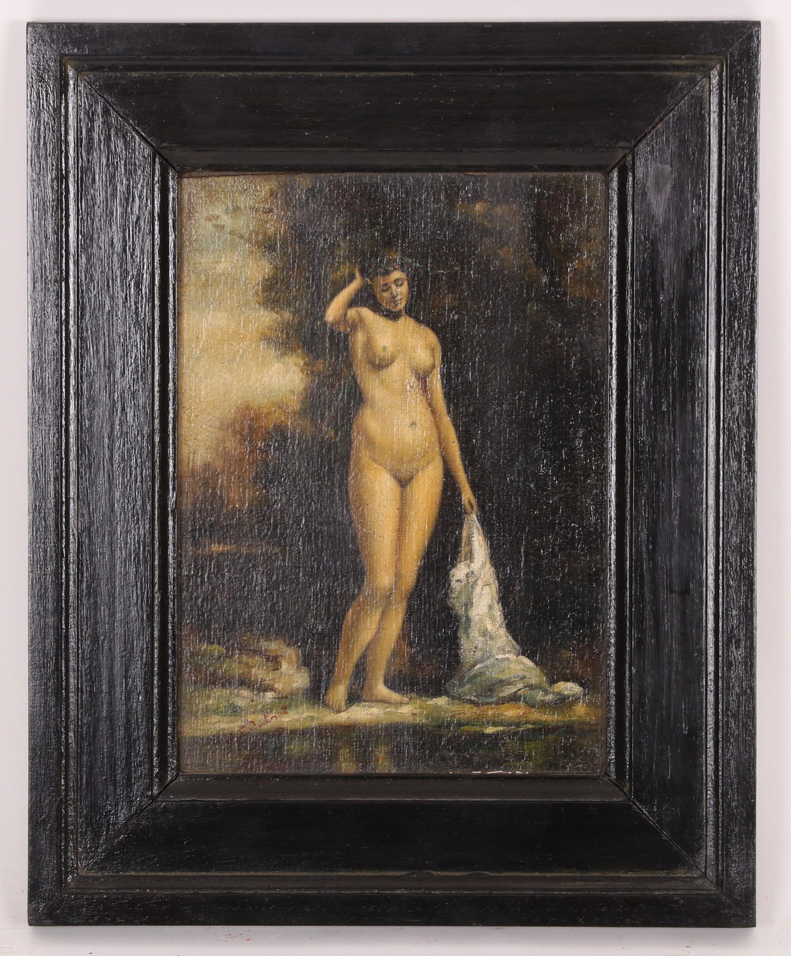Signed Achille Francois Oudinot, Nude: A 19th century oil on canvas laid onto masonite, signed bottom left "A. F. Oudinot," depicting a nude crowned with a holly wreath staring into a reflecting pool . Dimensions:15.75" H x 12.75" W framed