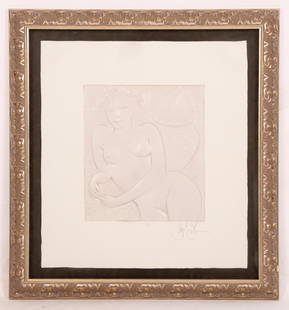 Frank Gallo (American, born 1933), Embossed Paper: A paper embossing of a reclining nude, numbered VIII/CL. Dimensions:34" H x 31.5" W framed, 15.5" x 14" image. Provenance:From a Main Line collection.