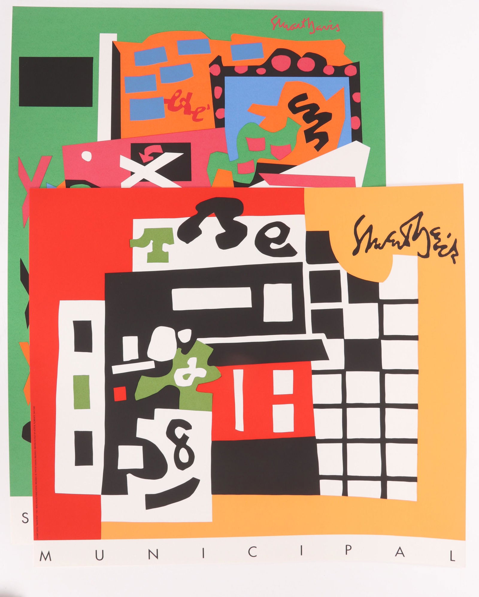 Two Silkscreen Posters After Stuart Davis: Two silkscreen posters after Stuart Davis, published by Acte III, Florence, Italy. Printed on Fabriano wove paper. Dimensions:The larger measures 40" H x 28" W. The smaller measures 27.5" H x 31.5" W