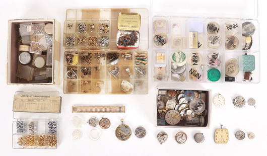 A Large Group of Watch Parts, Movements, Etc.: All late 19th or early 20th century, thousands of parts including many movements. The lot includes a chronograph movement as pictured. Dimensions:Various. Provenance:From a local estate.