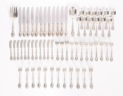 A Sterling Flatware Service, Frank M. Whiting: In the "Florence" pattern first introduced in 1900, comprising: Twelve 7" forks, twelve 6 1/2" dessert forks, twelve 6" teaspoons, twelve 5 3/4" butter spreaders, a two piece salad set (8 1/2" and 9"