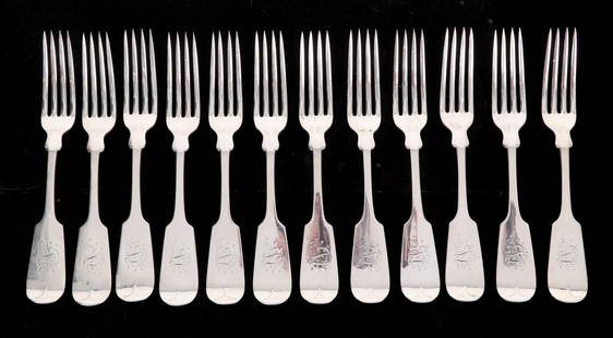 A Set of 12 Sterling Forks by Wood and Hughes: Late 19th century, a set of 12 heavy place forks. Dimensions:Each is 7 1/2" long, the total approximate weight is 23 troy ounces. Provenance:From a local collection.