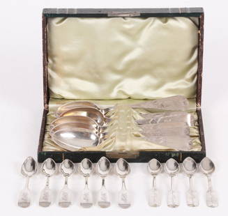 American Coin Silver Spoons: To include six James Watts bright cut bird engraved spoons, monogrammed, in the original case, four demitasse spoons by John Scott, monogrammed, and six demitasse spoons by Andrew Rumrill,