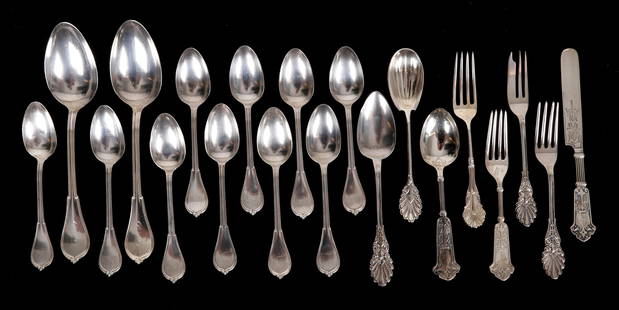 A Group of Sterling Silver Flatware: Comprising: two tablespoons and ten teaspoons in the Cottage pattern by Gorham, a three piece youth set by George Sharp (coin silver), a fork attributed to Wood and Hughes in a fan pattern and four