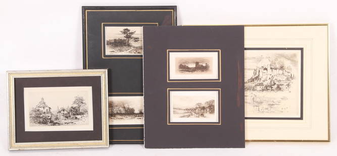 A Group of European Etchings: A view of the Chateau de Chiron, two small English views, a Maxime Lalanne etching titled, "A Fribourg House", and two small etchings, one titled, "A bit of French Coast". Dimensions:The prints range