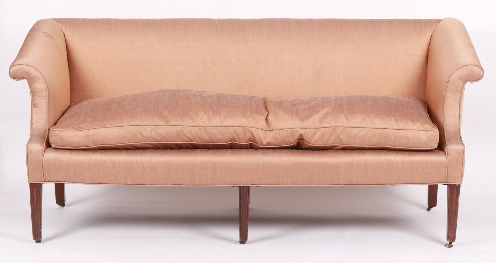 A Chippendale Period English Sofa: Circa 1800, with square tapered and molded legs, scrolled arms and shantung silk upholstery. Dimensions:74" long, 30" deep, the seat height with the cushion is about 19" and the overall height is 33 1