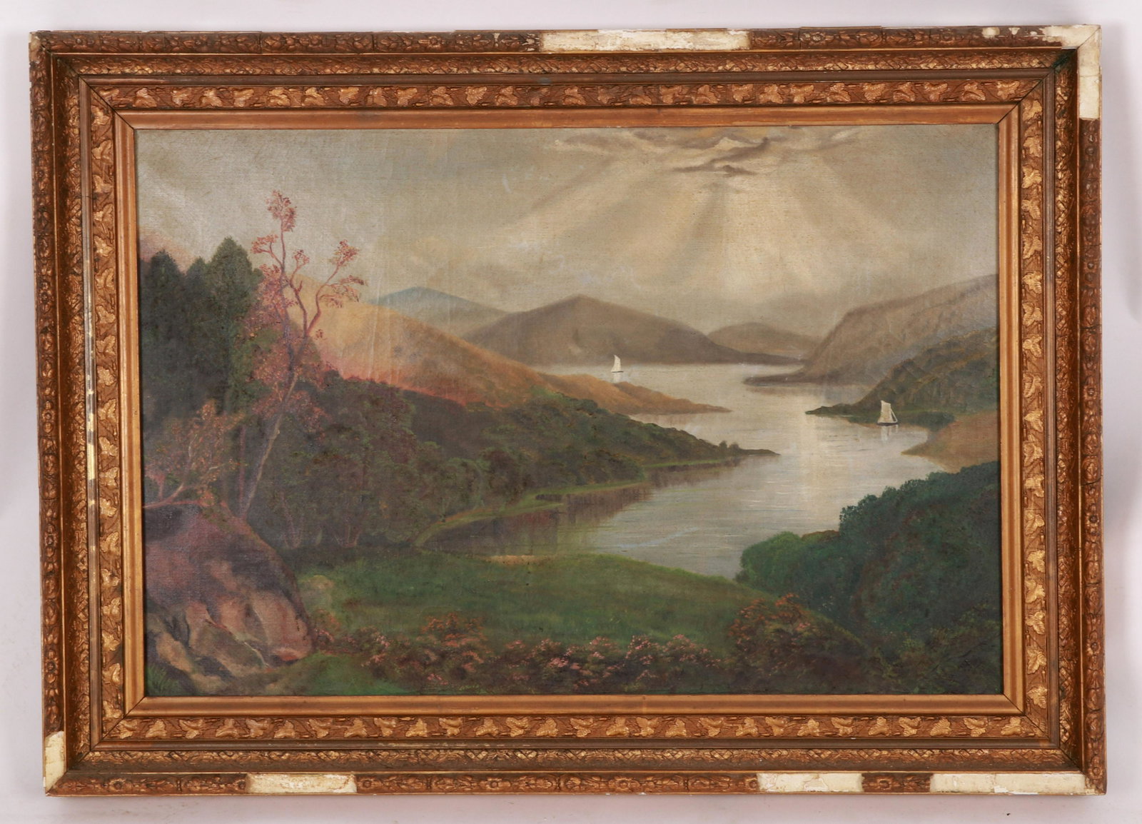 Hudson River School, Oil on Canvas: Late 19th century, unsigned. The gilt gesso frame appears to be original. Dimensions:24" x 36", the frame 31" x 43". Provenance: